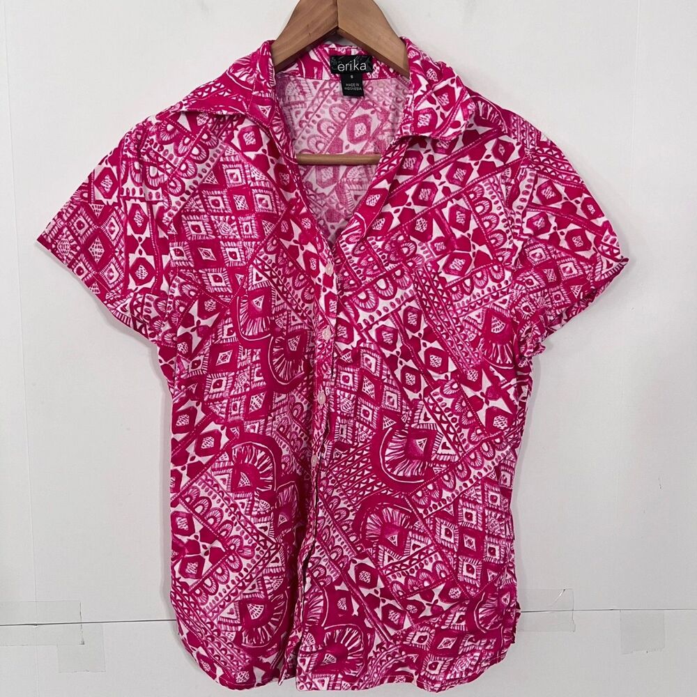 Erika Womens Shirt Size S Pink Geometric Tribal Short Sleeve Button Up Collared